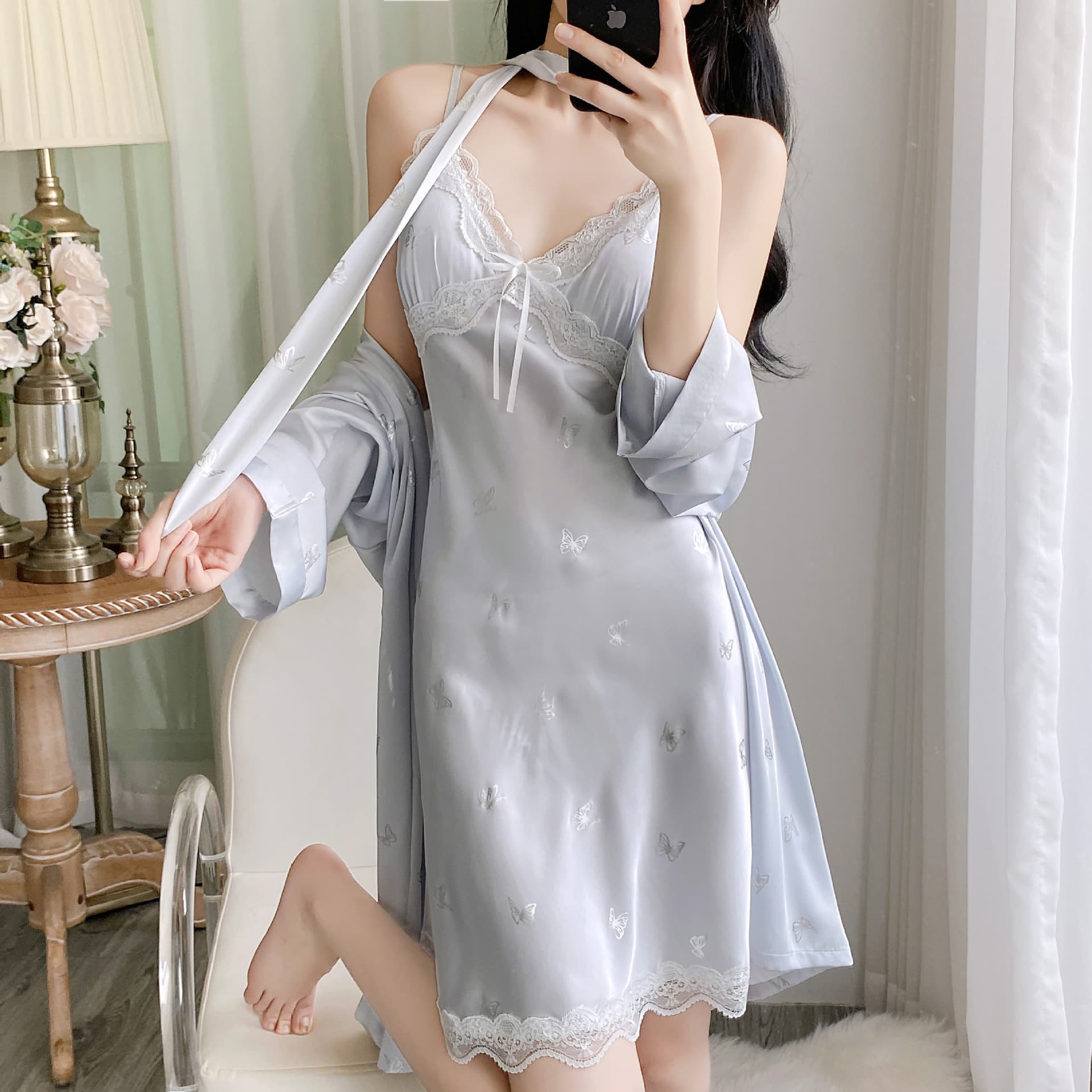 Nightgown with Chest Pads, Sexy Sleepwear, Ice Silk Nightgown, Super Popular Butterfly Silver-Foil Ice Silk Camisole Nightgown for Women in Summer