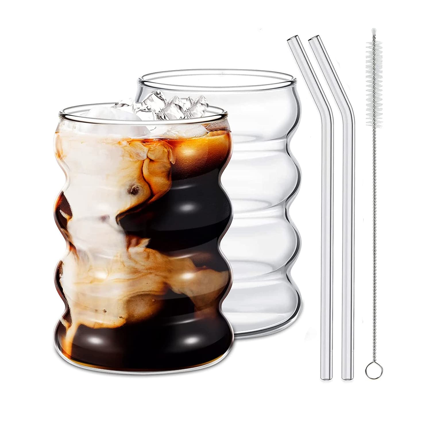Single Layer Wave Glass Straw Cup Set Coffee Milk Colored Spiral Caterpillar Ring Cups Transparent Beverage Drinking Utensils