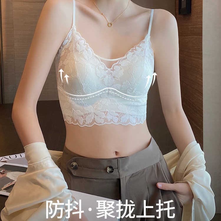 French Sexy Lace Bra Thin Strap Camisole for Women with Built-in Pads, Push-up Backless Bra, Wire-free, Summer Thin Style