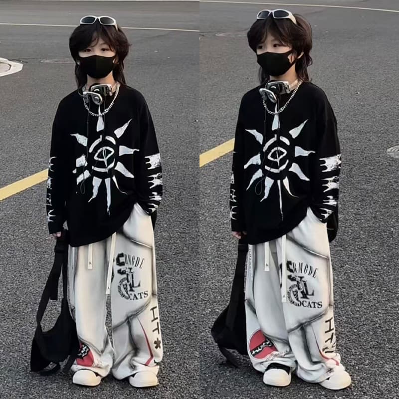 Autumn and winter children's American high street Eye of Cthulhu printed long-sleeved top loose street bottoming shirt