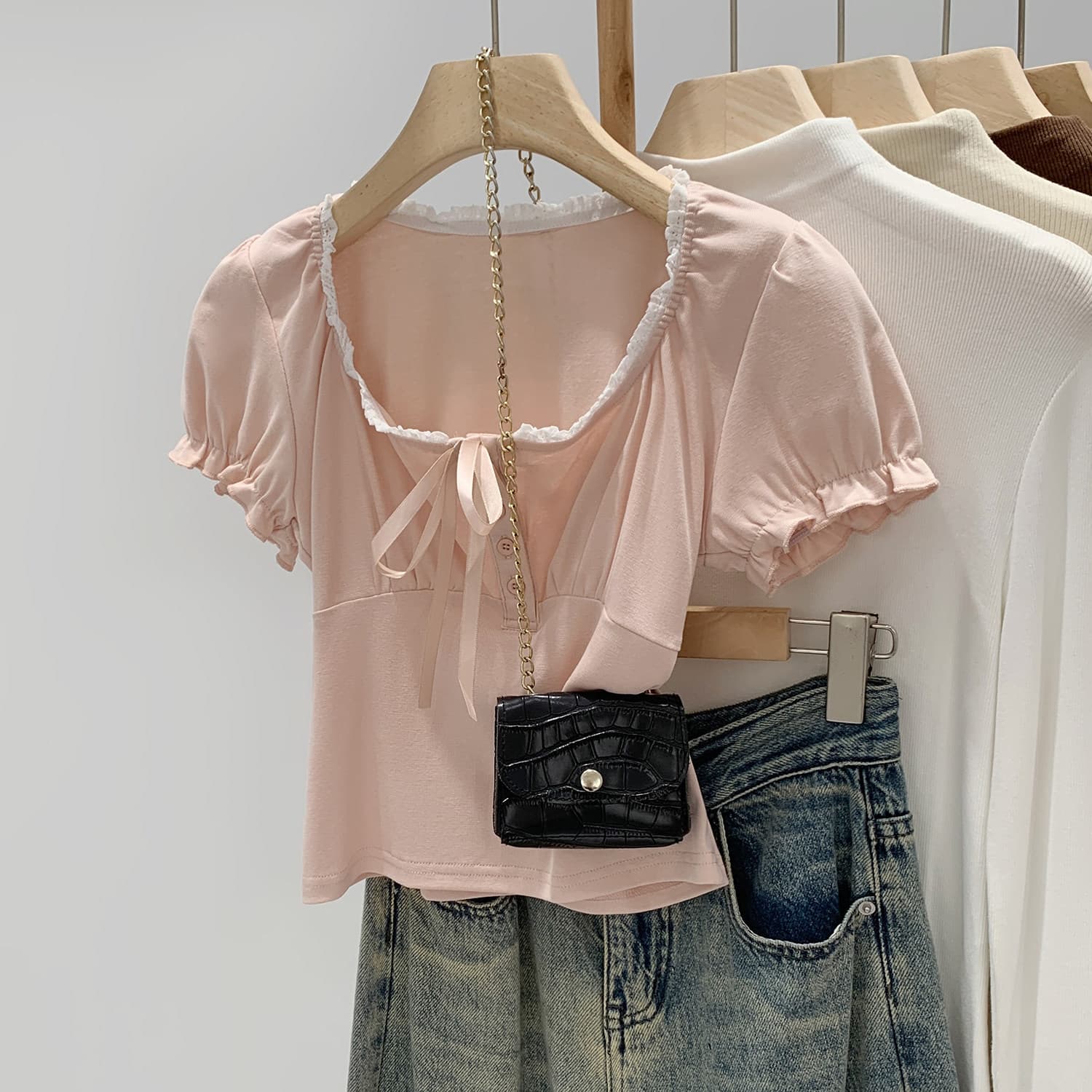 Sweet Style Lace Trim Square Neck Tie Short Sleeve T-Shirt Women's Summer New Trendy Youthful Cropped Top