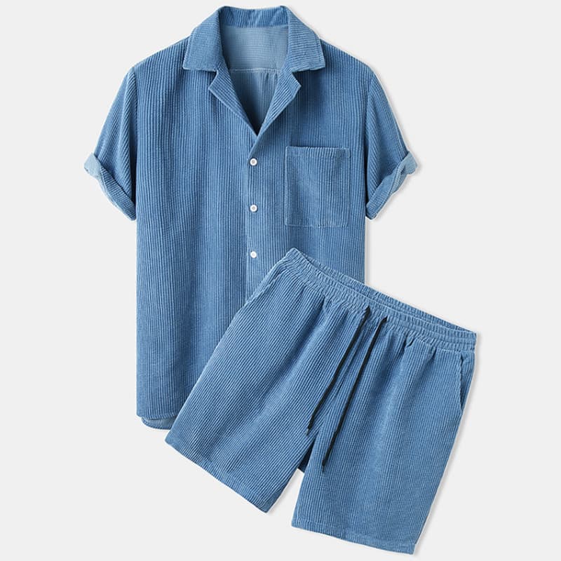 2026 European and American Hot-Selling Cross-Border Amazon Solid Color Corduroy Men's Short-Sleeve Shirt and Shorts Casual Sports Set