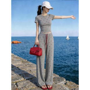 Shenzhen Nanyou Casual Sports Set Women Summer Short Sleeve Wide Leg Pants Two-Piece Slim Fit Light Lazy Style Outfit