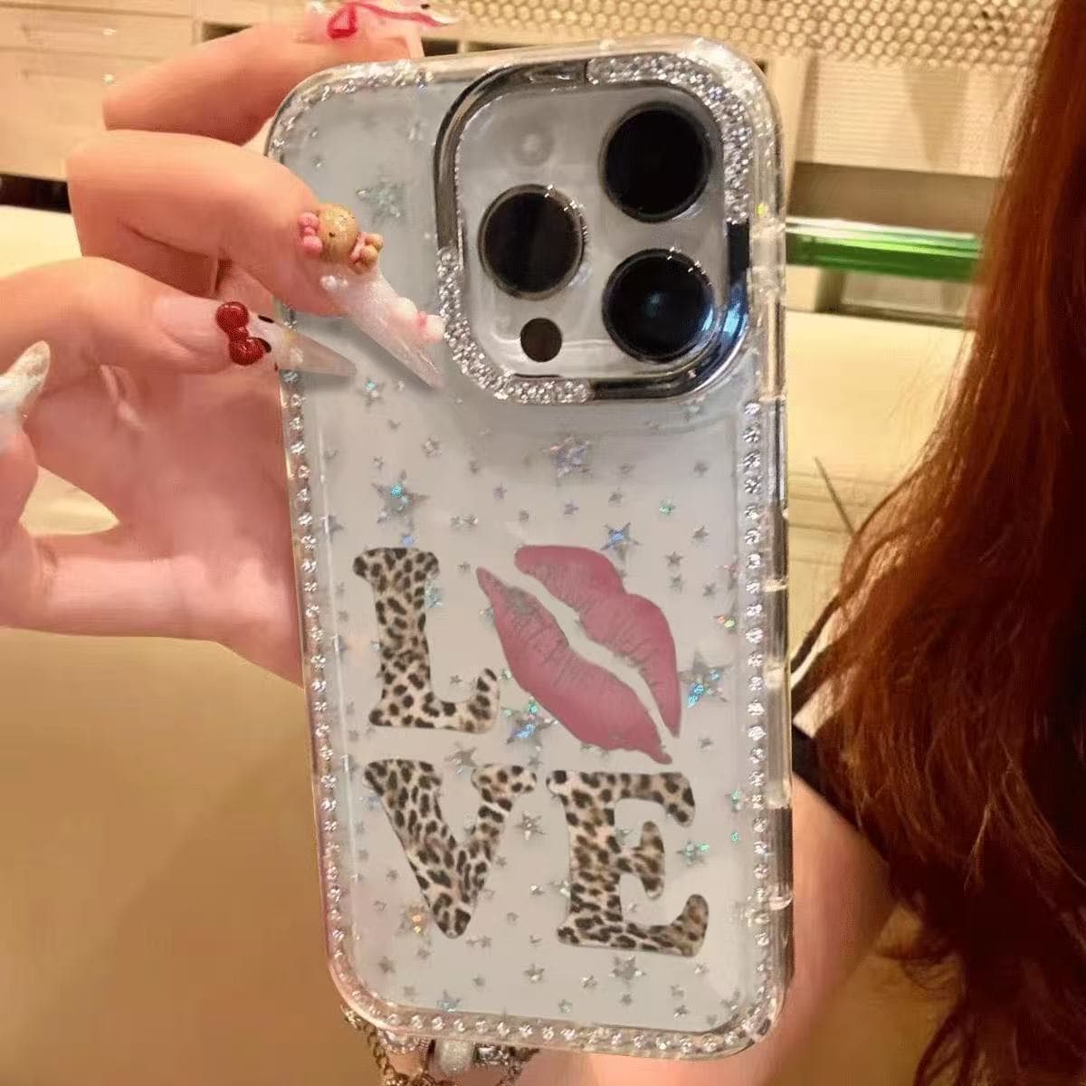 Leopard Print English Lips Compatible with Apple 17/16/15 Pro Max Sparkle Diamond Phone Case iPhone 14 Premium Style 13