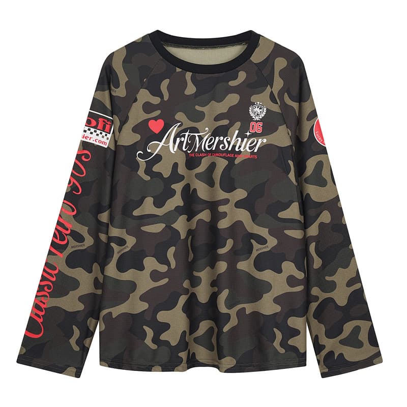 American Retro Letter Print Camouflage Long-Sleeved T-Shirt for Men and Women, Spring Street Fashion Loose-Fitting Base Shirt Top