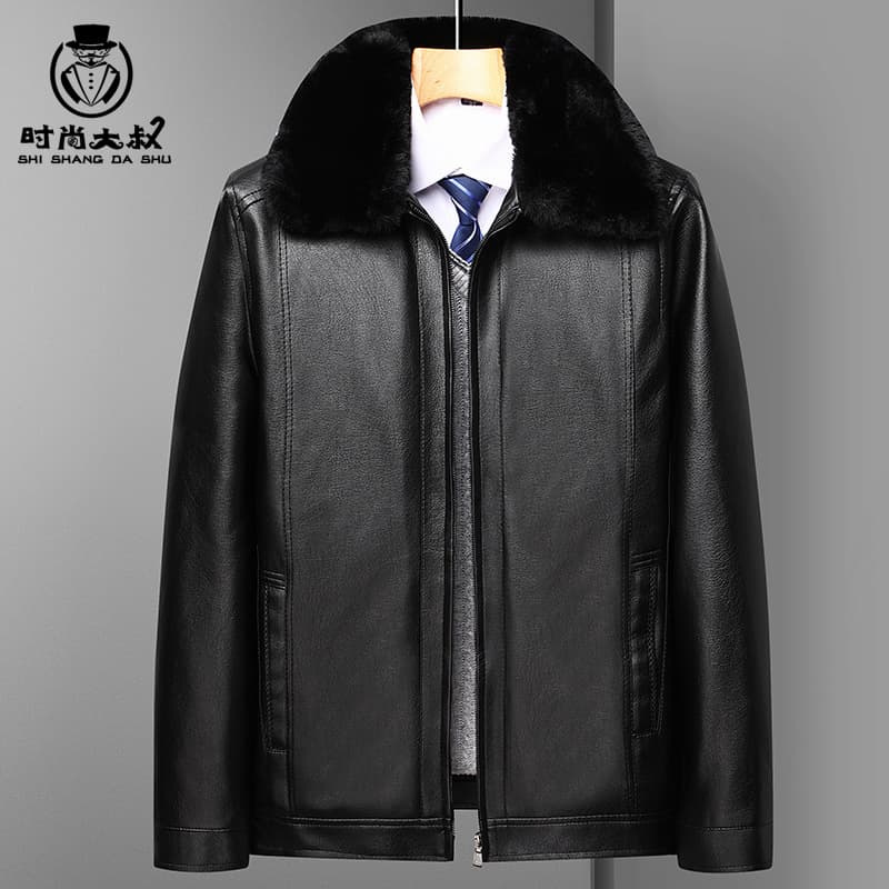 Men's winter fleece-lined, thickened motorcycle PU leather jacket for middle-aged and elderly men.