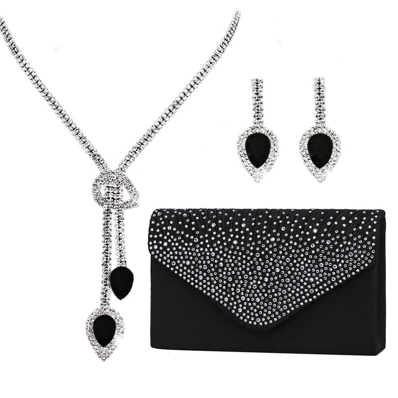 European and American Bride Jewelry Set: Tassel Earrings, Water Drop Necklace, Women's Satin Rhinestone Evening Bag Three-Piece Set