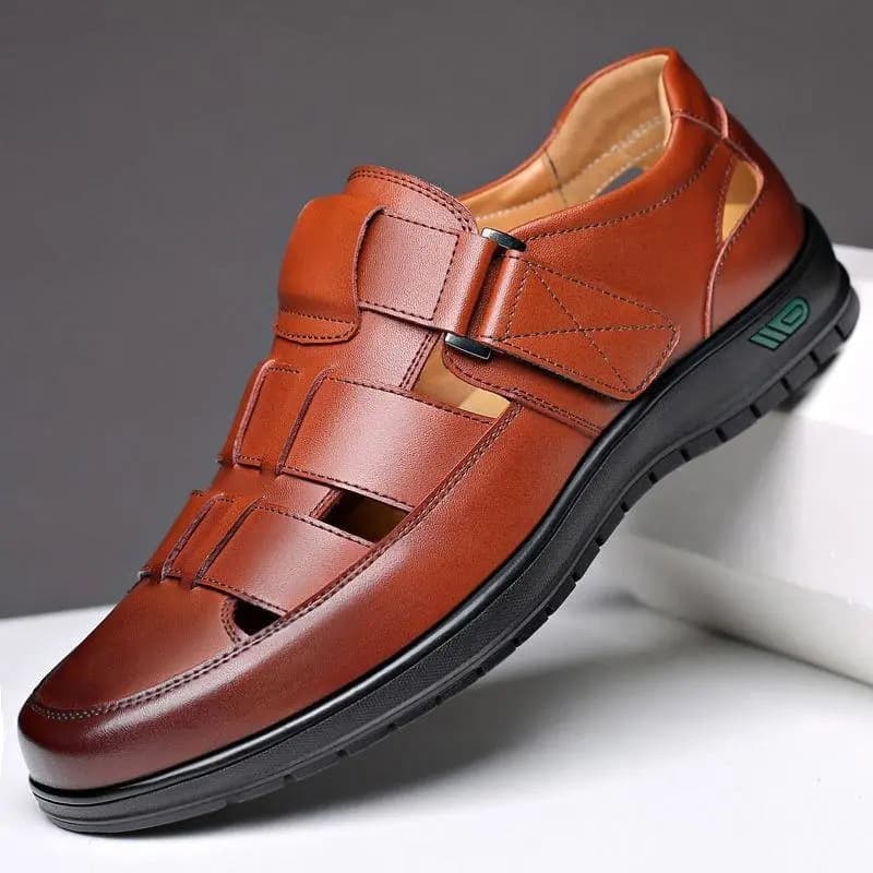 Men's Leather Shoes Business Casual Formal Single Shoes Soft Sole Non-Slip Summer Men's Sandals Middle-Aged Dad Shoes Black