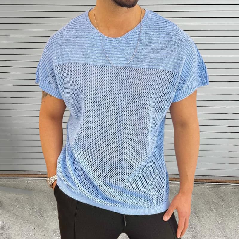 Thin Hollow Knit Top Men's Round Neck Short Sleeve Pullover Cross-border Amazon Summer Slim Fit Menswear