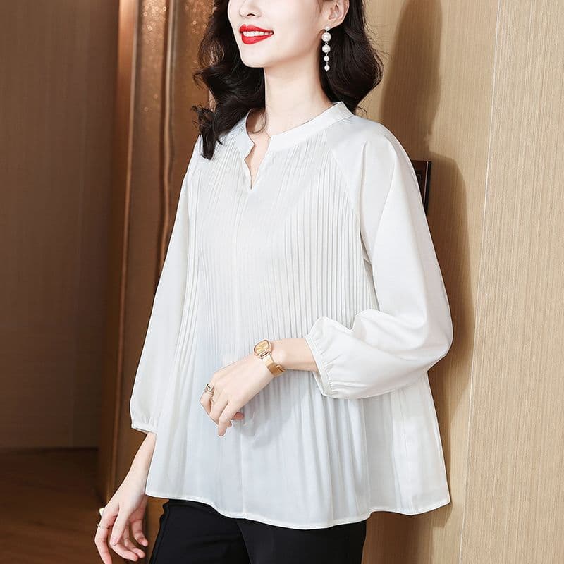 Fashionable Loose Pleated Chiffon Top, Slimming Conceals Belly, Autumn Style New Plus Size Women's Blouse