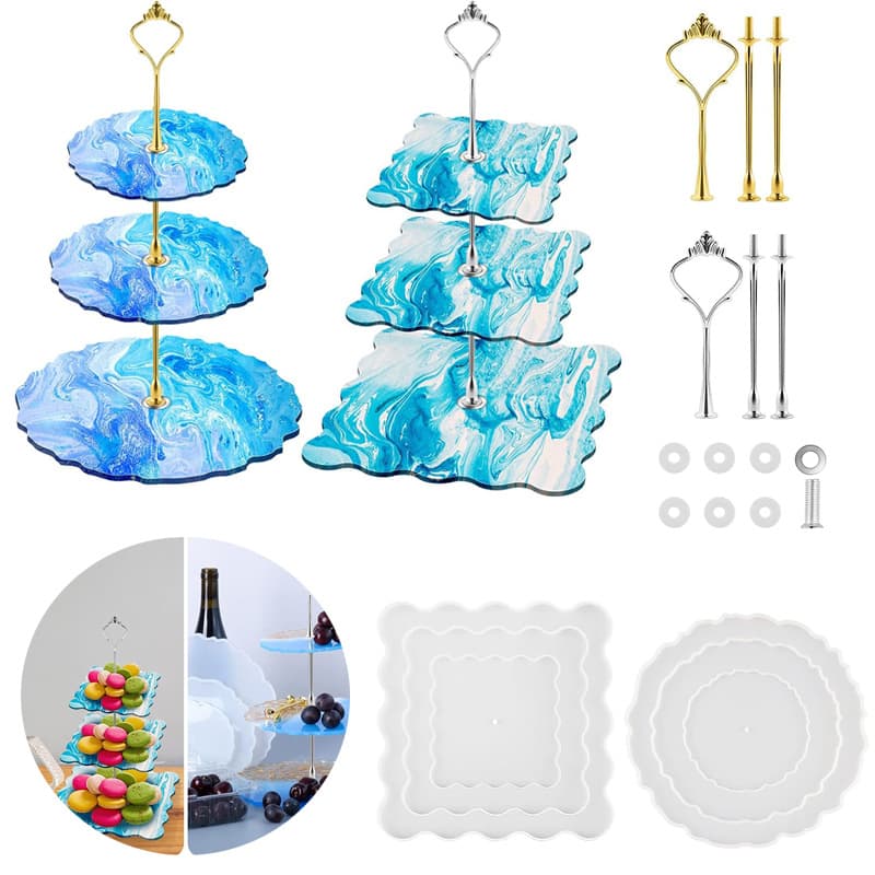Epoxy Resin Three-Layer Tray Silicone Mold, Crystal Resin DIY Square Round Lace Display Stand Coaster
