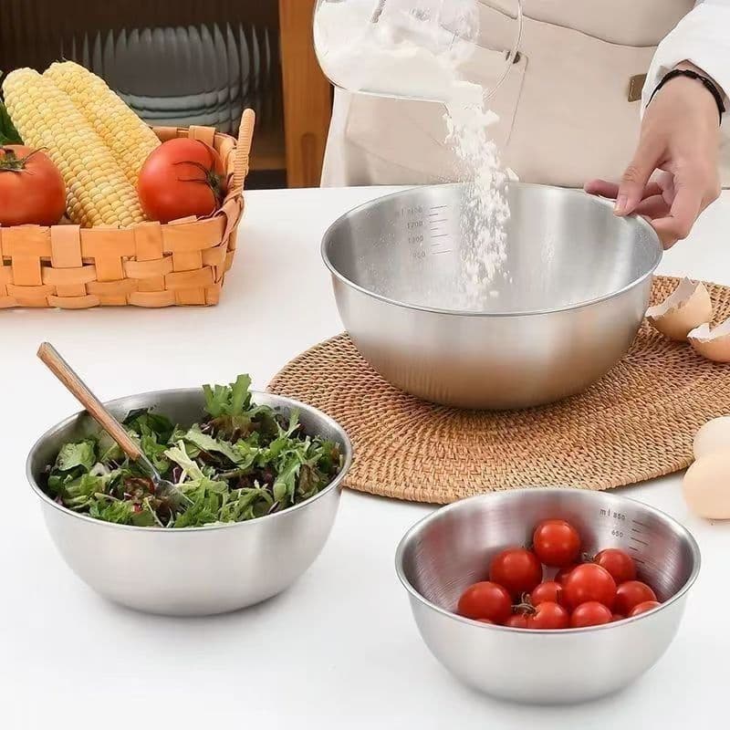 Thickened Stainless Steel Salad and Ramen Bowl, Korean-style with Measurements, Multipurpose for Egg Beating and Dough Mixing