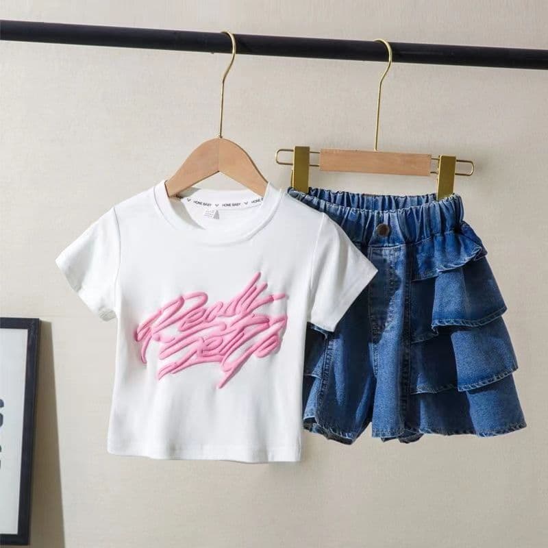 2025 Girl's Summer New Versatile Thin Denim Skirt Pants with Cotton T-shirt Vest Short Sleeve for Big Girls