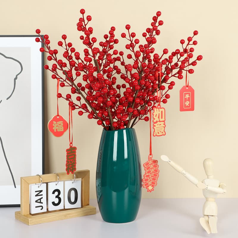 Artificial Holly Fortune Berry Red Berry Branch Fake Flower Decoration Living Room Floral Arrangement Ornament New Year Spring Festival Wedding Decoration