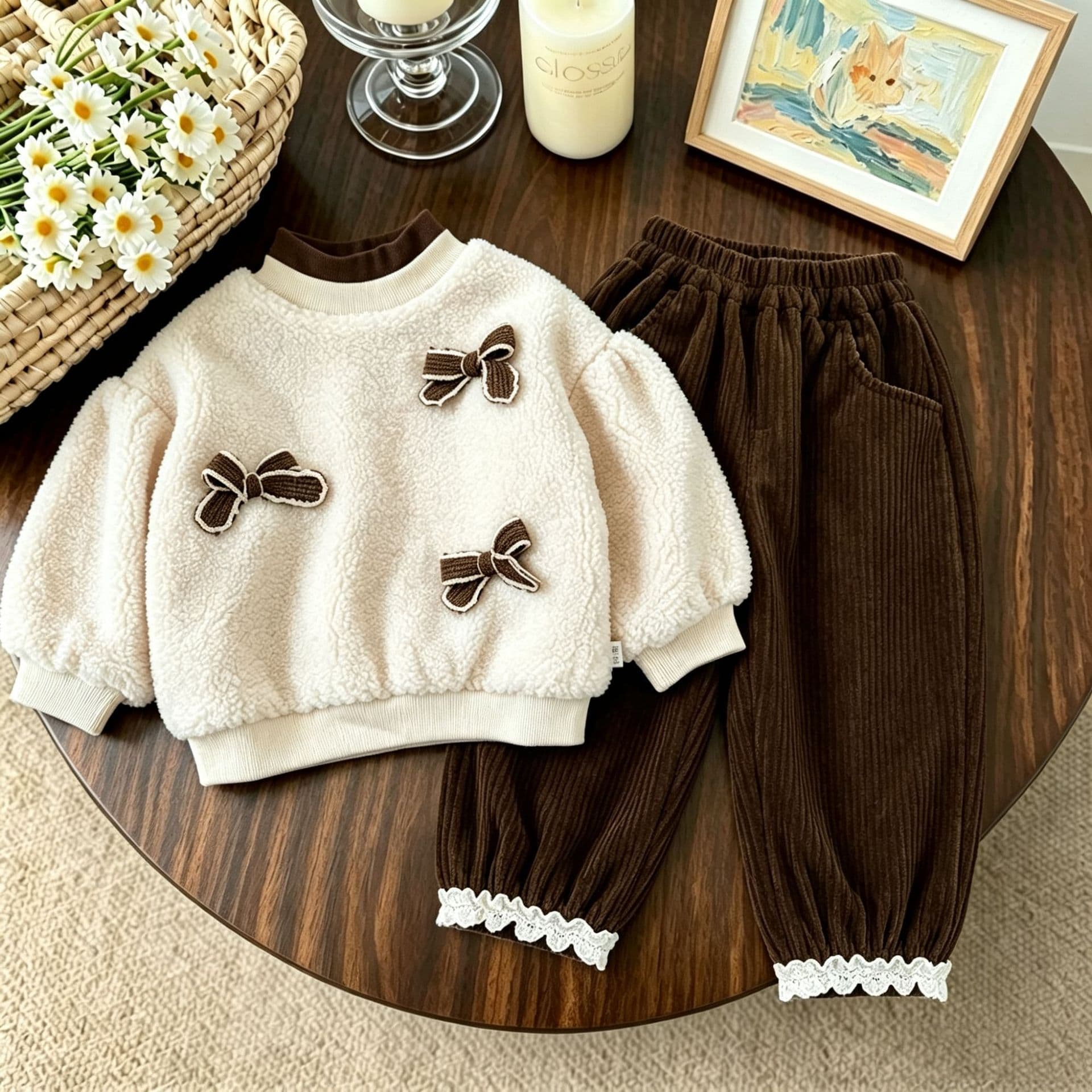 Children's clothing, girls' autumn and winter clothes, children's velvet thickened warm sweatshirt set, two-piece set, winter clothing for one-year-old baby girl