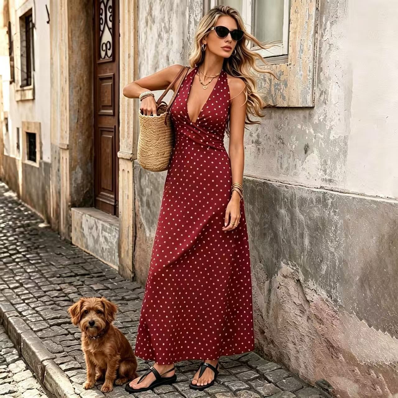 European and American cross-border 2026 new sexy retro holiday style halterneck dress slim deep v-neck suspender polka dot dress