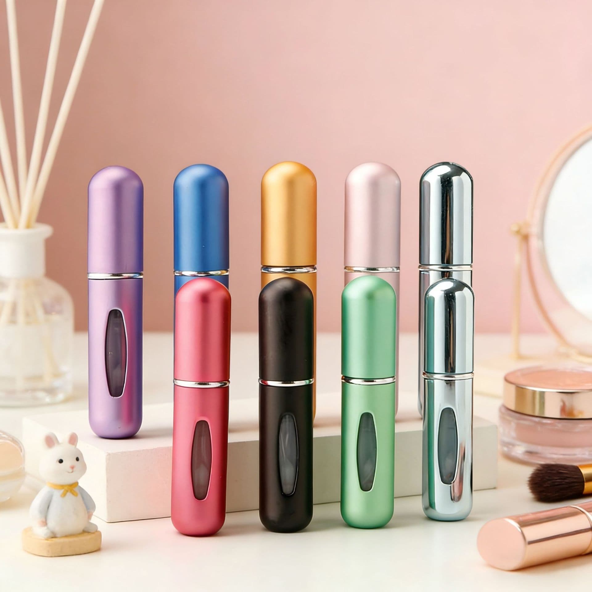 Portable 5ml Perfume Refillable Bottle with Press Pump, Small Window, Self-Priming Spray Bottle, Bottom-Fill Travel Perfume Bottle