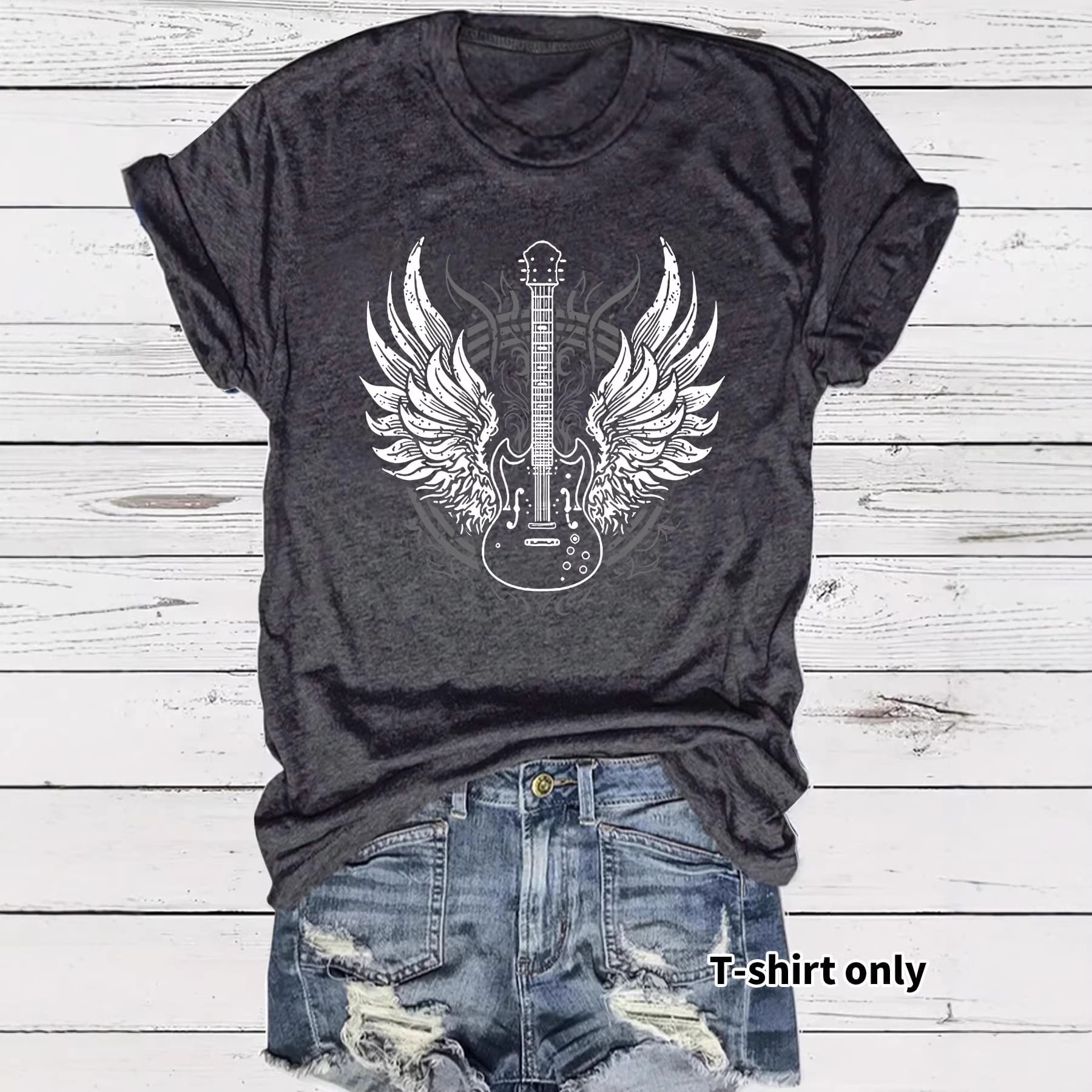 Cross-border European and American women's T-shirt with rock guitar wing pattern, short sleeve, casual, versatile, round neck women's short sleeve T-shirt