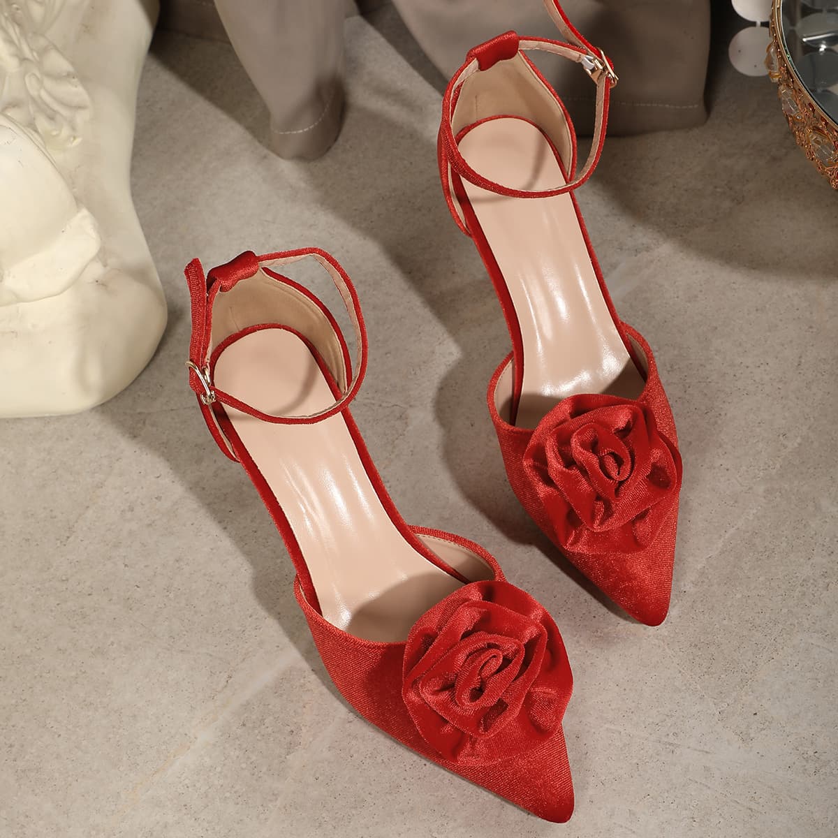 Red Rose Decorated High Heels Sexy Pointed Toe Women's Shoes Fashionable Casual High Heels Velvet Material Summer Shoes