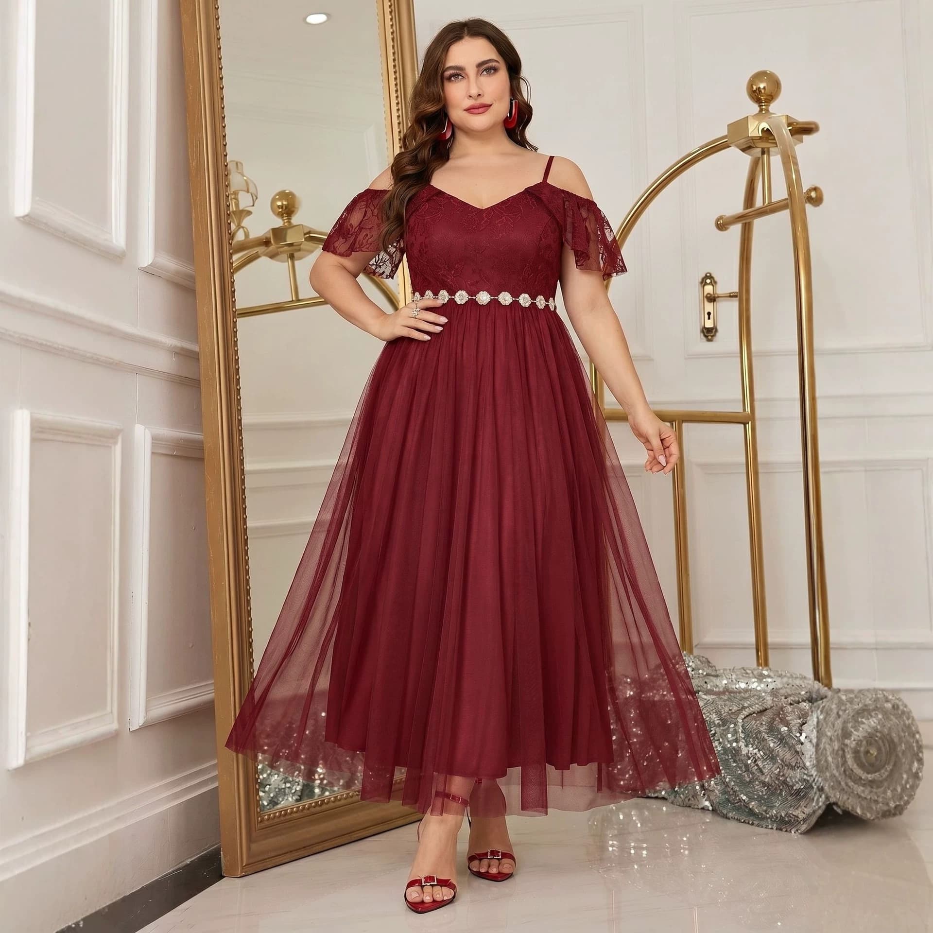 V-Neck Mesh Print Flowing Dress Plus Size Loose Fit for Women Overseas Trade Elegant Commuter