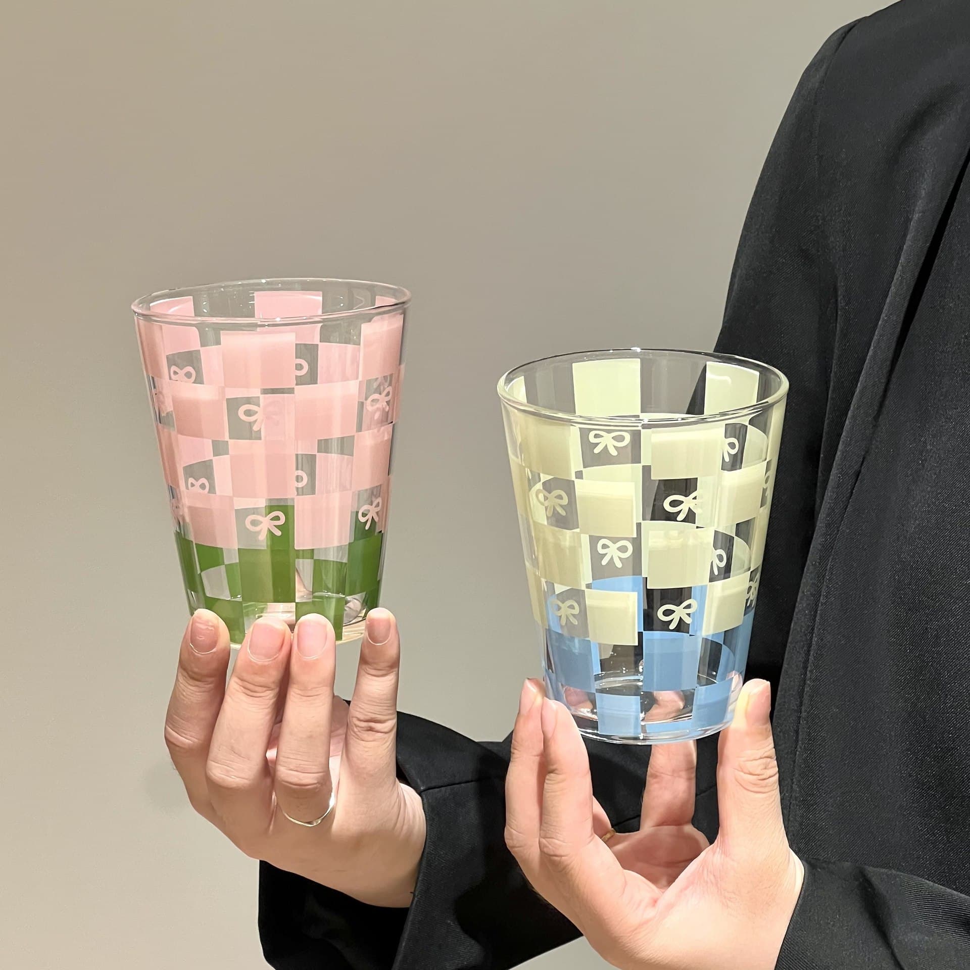 High-looking plaid glass ins style water cup with handle couple style heat-resistant transparent creative home drinking utensils
