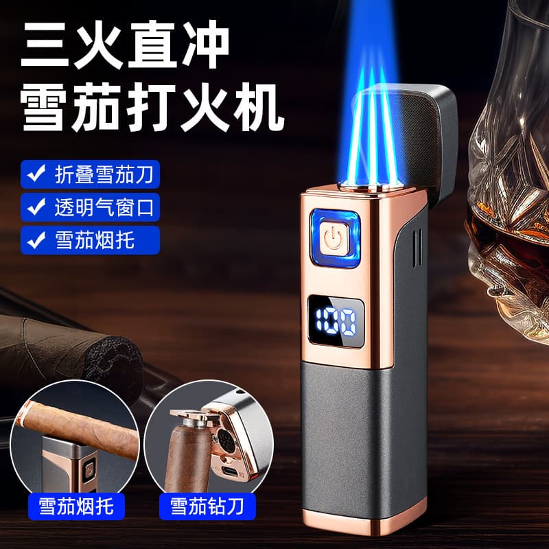 Creative Triple Flame Blue Jet Cigar Lighter with Gas-Electric Dual Power Portable Igniter Wholesale