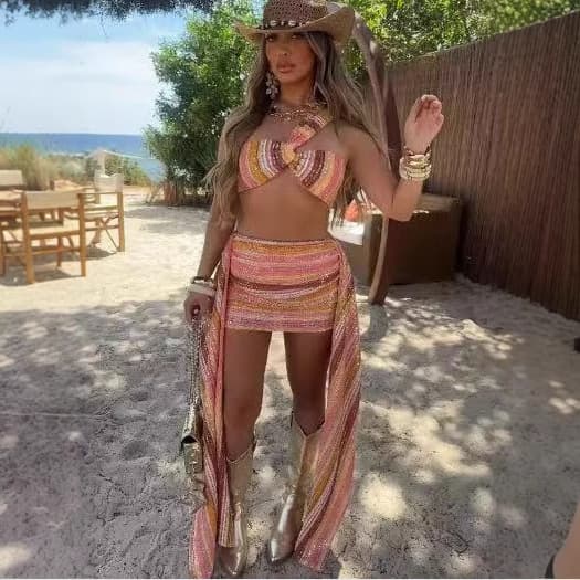Cross-border exclusive European and American women's fashion, AliExpress INS hot-selling sequin design top vest + knitted skirt set
