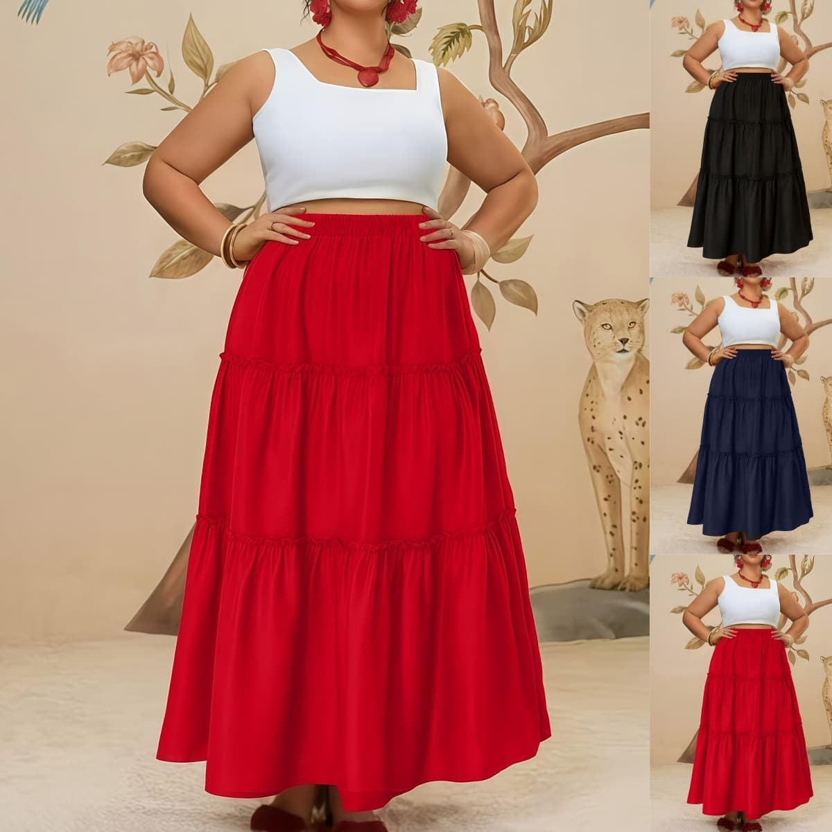 2026 European and American Cross-Border Vacation Style Solid Color Skirt for Women, Fashionable Loose Fit with Ruffle Layered Design