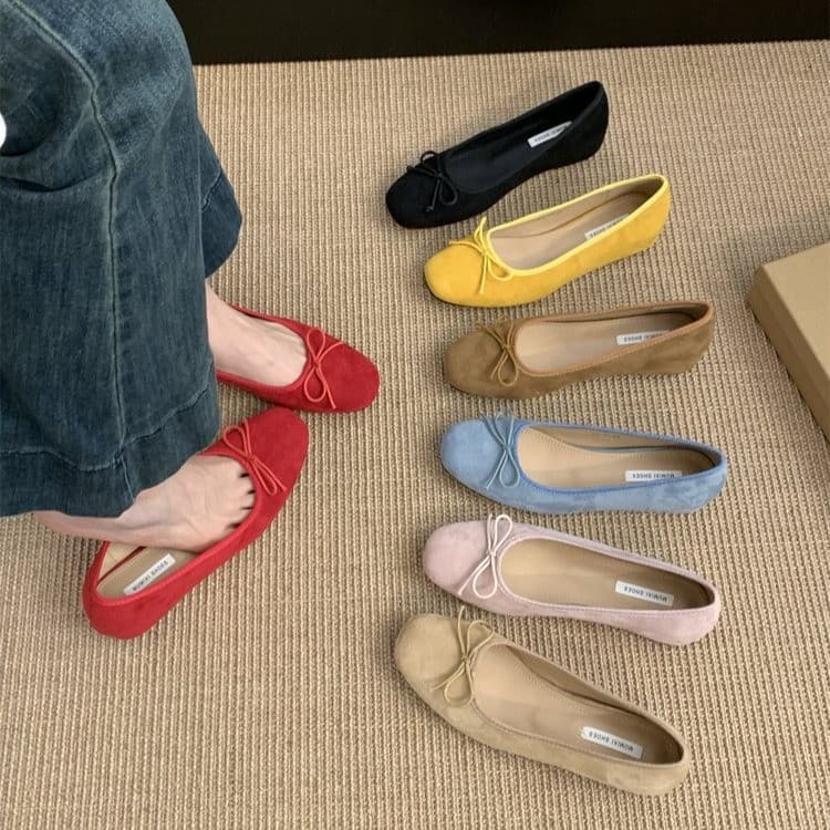 French-style Suede Ballet Flats with Hidden Wedge Heel for Women 2026 New Spring/Autumn Bow Red Evening Shoes