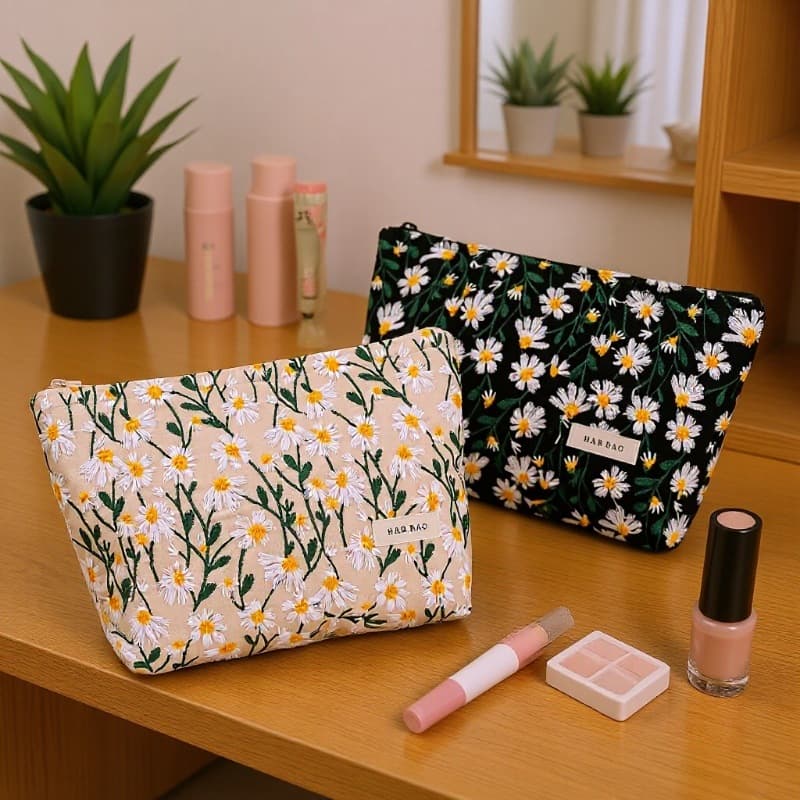 Cross-border French daisy embroidery cosmetic bag large capacity niche exquisite portable cosmetic storage bag hand storage bag