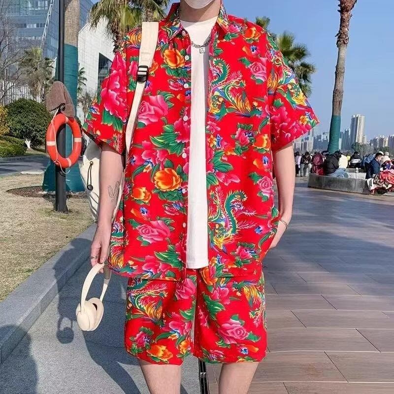 Northeast Big Flower Print Shorts Set Summer Thin Sanya Vacation Men's Set Couple Short Sleeve Shirt Two-Piece Set
