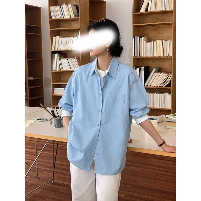 Spring new shirt layered simple outfit blue striped fake two-piece shirt feminine top
