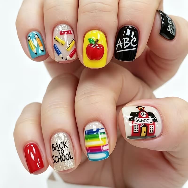 Back-to-School Cartoon Apple Pencil School Supplies Hand-Painted Short Square Press-On Nails Finished Product