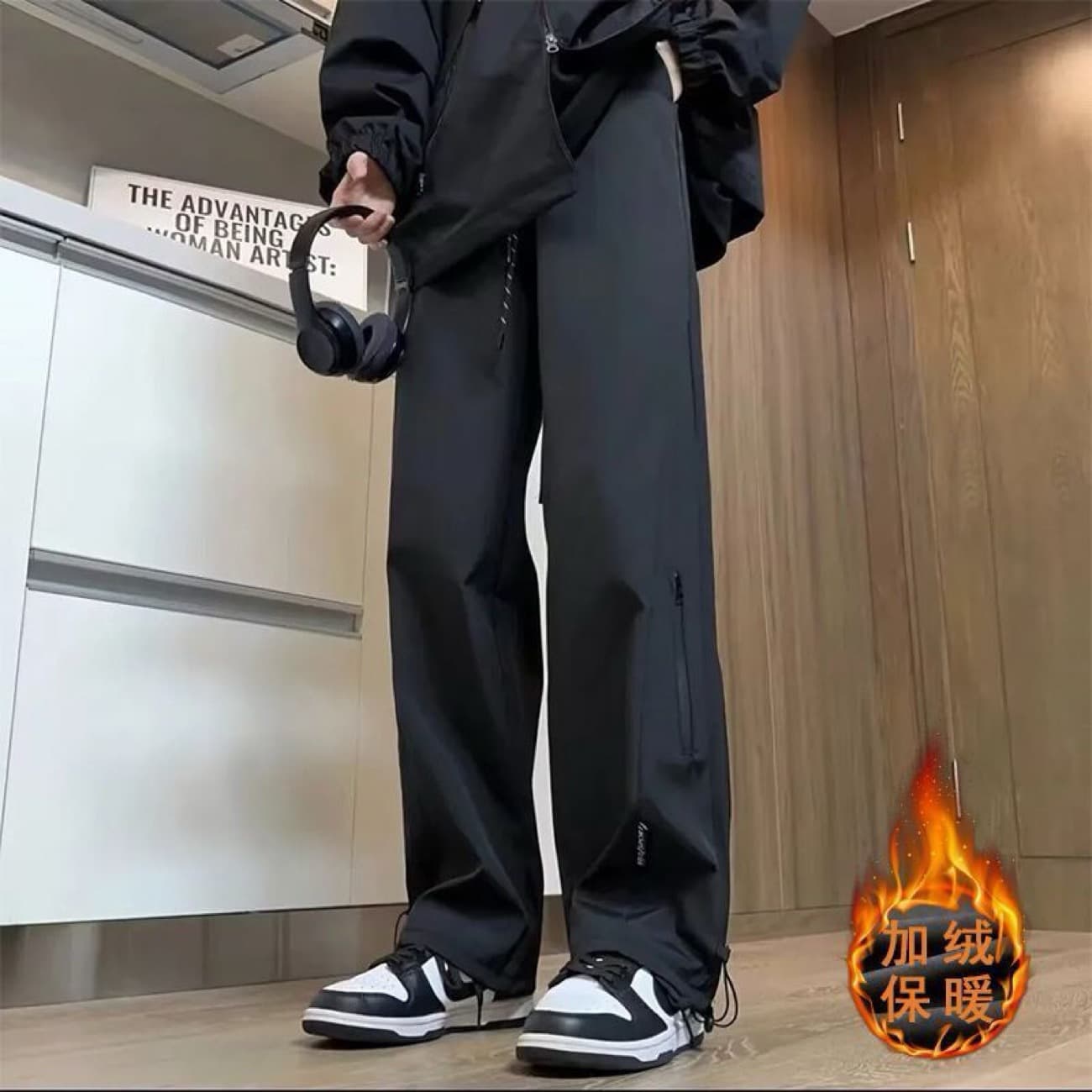 Fleece Lined Hiking Pants Men's Trendy Brand Winter Thickened Waterproof Cold-resistant Straight Leg Casual Long Pants American Functional Work Pants