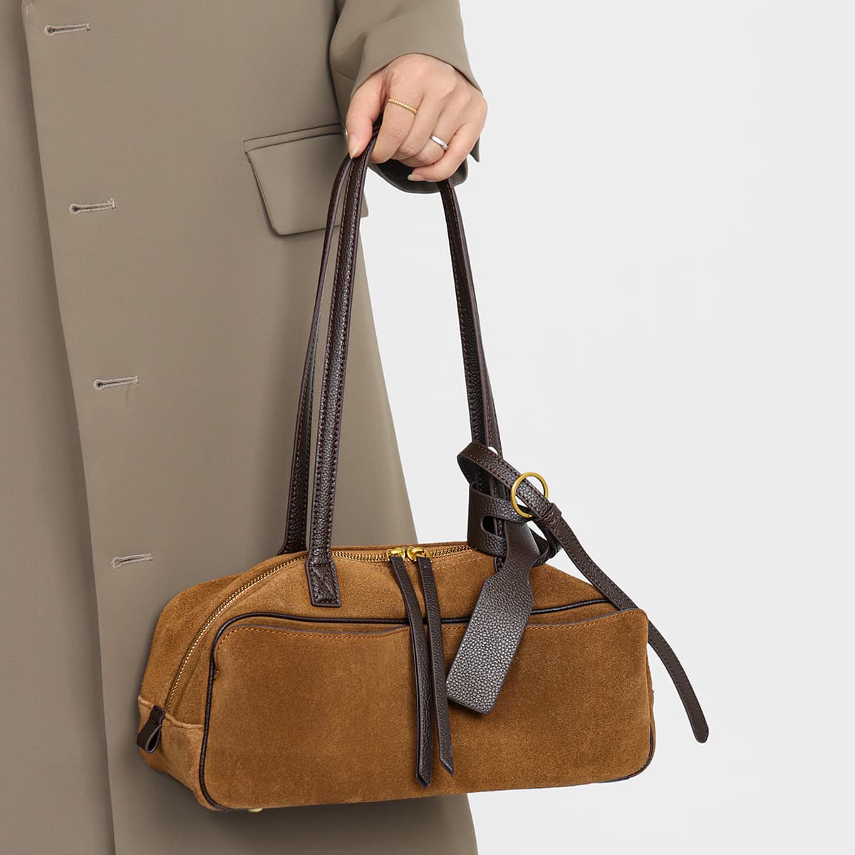 Korean niche luxury bowling bag, new style, simple top-grain cowhide Boston handbag