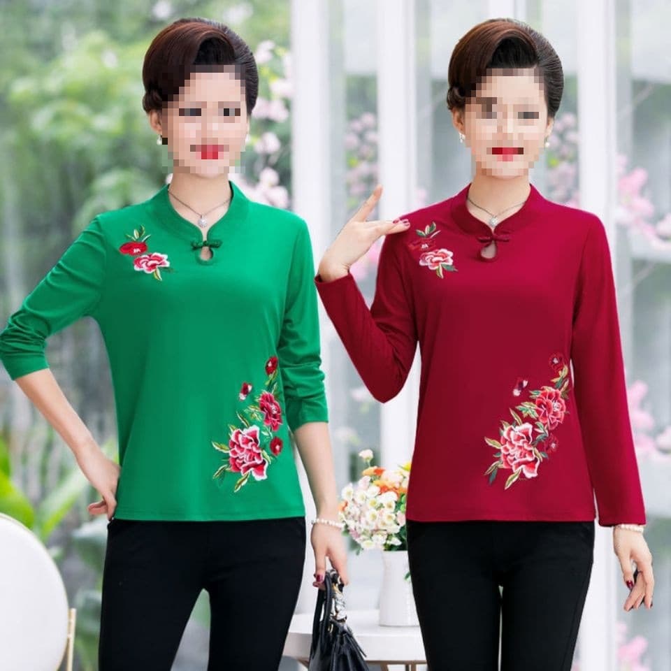 Mother's outfit, middle-aged women's ethnic style top, spring and autumn style, embroidered, square dance, long-sleeved T-shirt, embroidered top, Tang suit