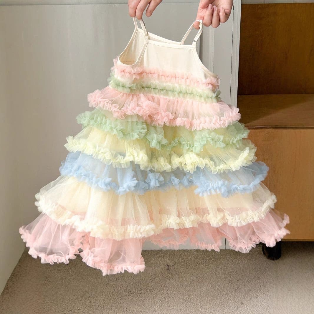 Summer New Girls' Princess Dress, Children's 2026 Suspender Fluffy Rainbow Cake Dress