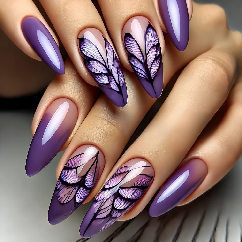 Fresh Butterfly Flower Manicure Japanese and Korean Feather Wearable Nails Dark Purple Gradient Short Almond Nails Water Drop Nails Ya75