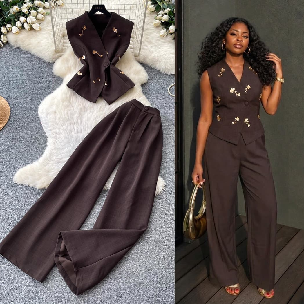 Mature Style Vest High-Waist Simple Wide-Leg Pants Two-Piece Set for Women Summer High-End Slimming Dress Set