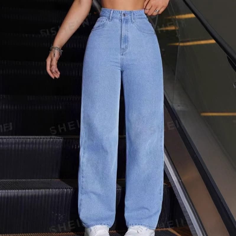 D44 European and American Cross-border Independent Site Women's Jeans Blue Straight-leg Long Pants 25m