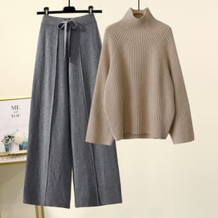 Korean Lazy Style Women's Two-Piece Set 2023 New Autumn/Winter Thick Chunky Knit Sweater with Flowing Wide-Leg Pants