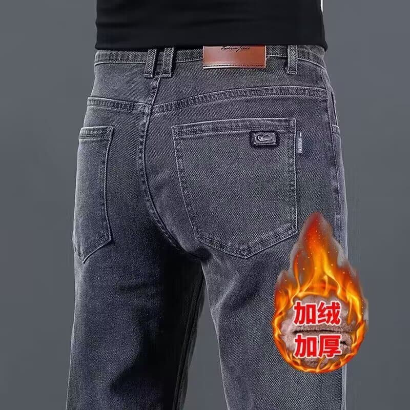 New Winter Fleece-Lined Comfortable Straight-Leg Men's Jeans, High-End Fashion Stretch Slim Fit Business Casual Denim Pants