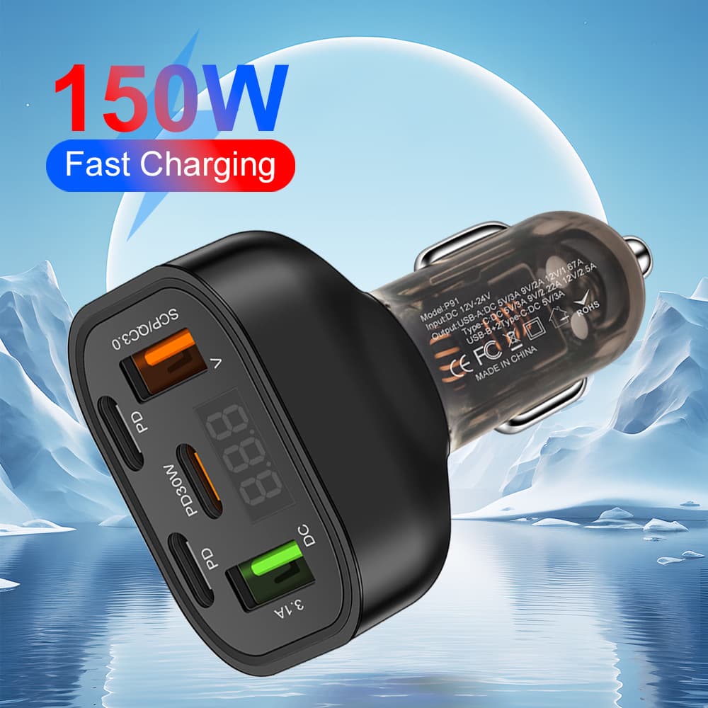 Cross-border Digital Display Car Charger Super Fast Charging Head Five-Port PD Flash Charging for Android and Apple High-Power Car Charger