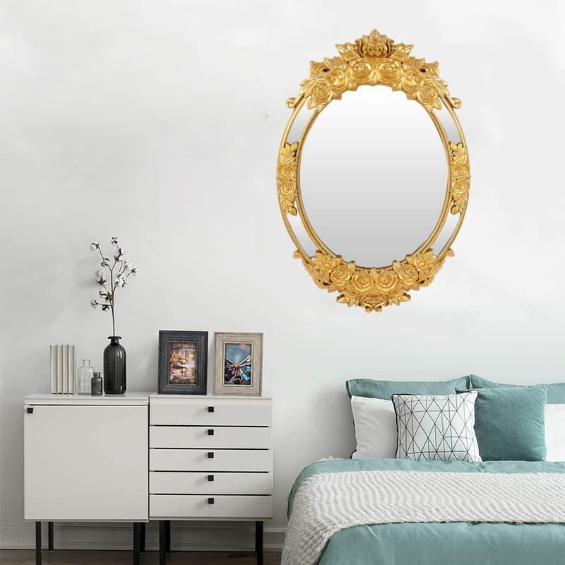European classical carved wall-mounted mirror, bedroom dressing table mirror, living room entrance decorative mirror, retro light luxury art mirror