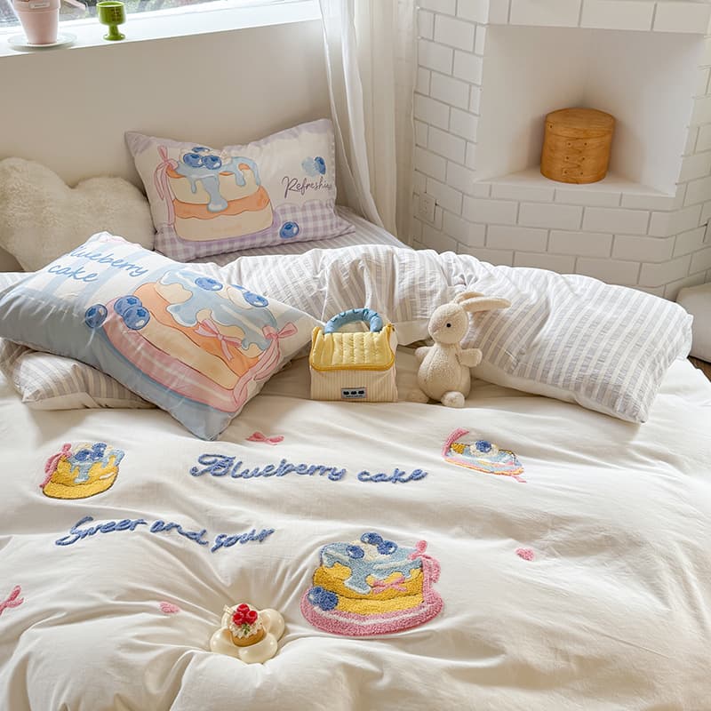 Cute Cotton Yarn-Dyed Washed Stripe Check Embroidered 4-Piece Set, Pure Cotton Cartoon 3-Piece Bedding Set 4