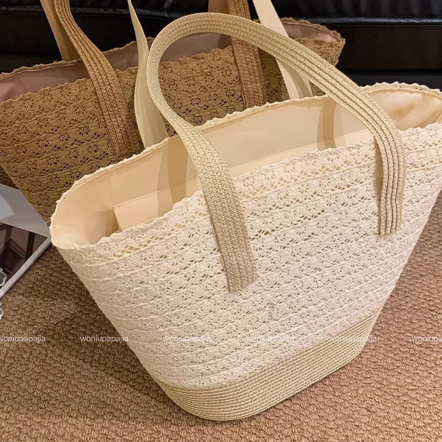 Lace Straw Woven Bag for Women 2026 Seaside Vacation Beach Bag Large Capacity Straw Shoulder Bag Crossbody Bucket Bag