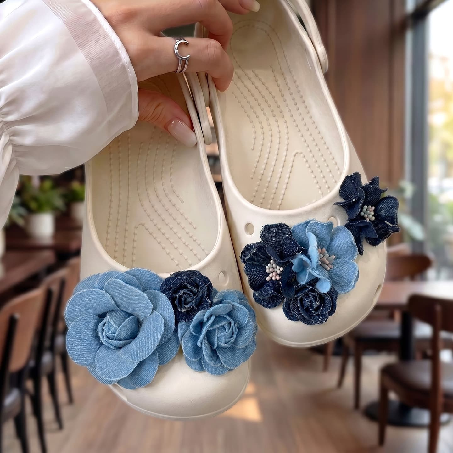 Denim Camellia Croc Charms Sparkling Flower Pearl Shoe Charms Removable Sandal Shoe Charms
