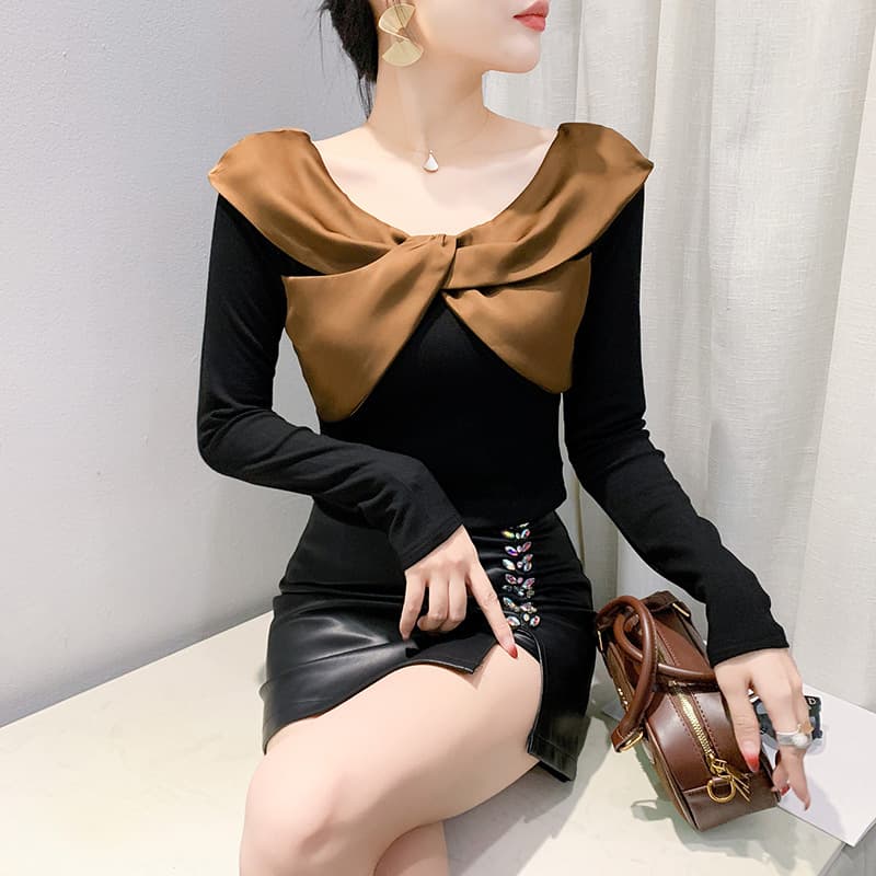 Factory Real Shot New Spring Unique Little Detail 3D Patchwork Slim Fashionable Women's Top Base Layer Blouse