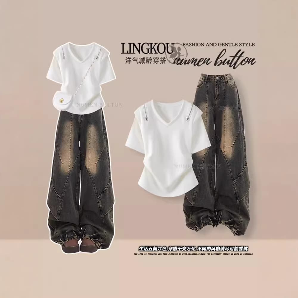 Summer Stylish Two-Piece Set for Women, Korean Trendy Youthful V-Neck T-Shirt with Retro Slim-Fit Jeans