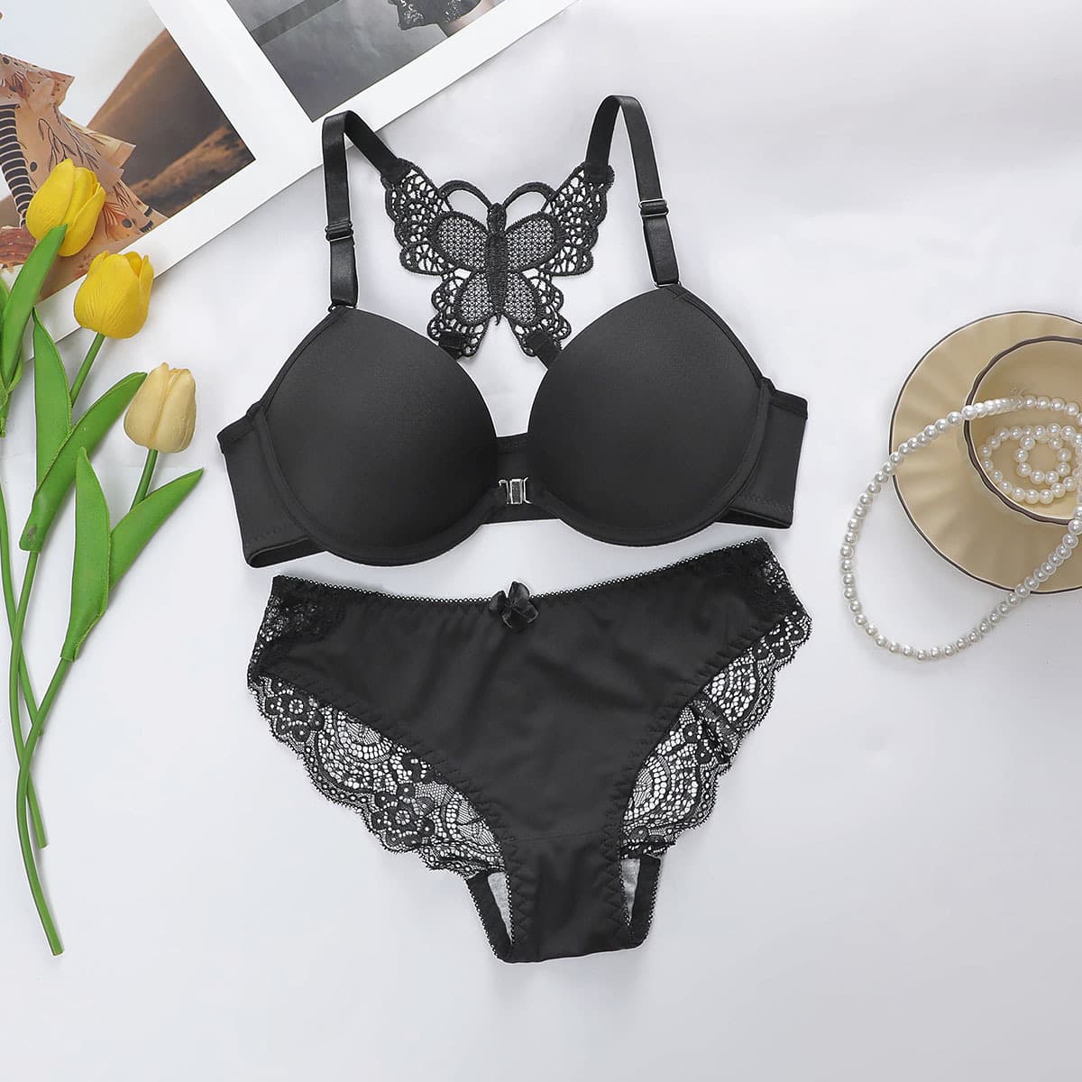 Cross-border Trade Front Closure Underwire Medium Thickness Butterfly Back Bra Set with Detachable Double Straps, Traditional Bra